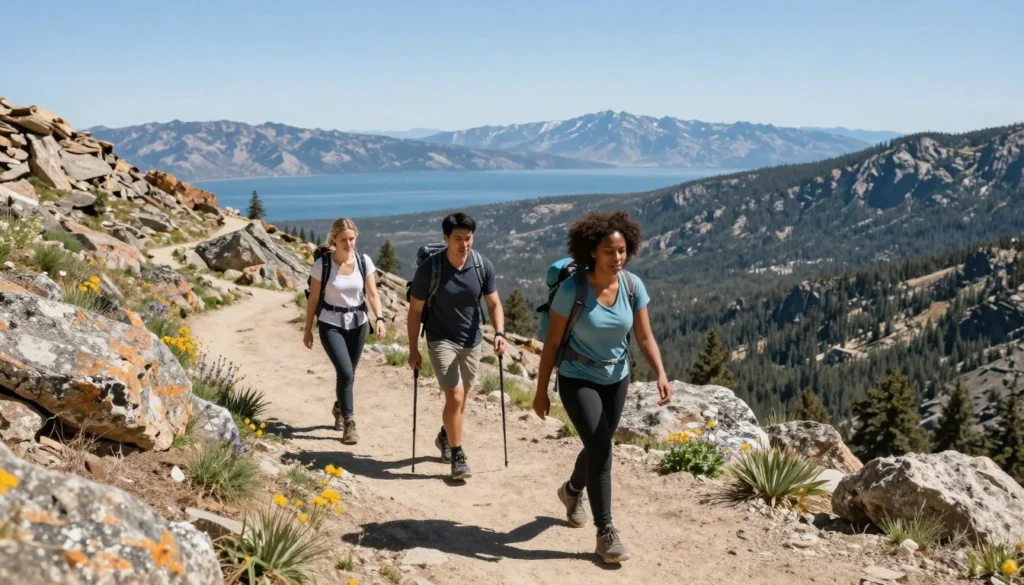 Mount Rose summit trail hikers with Lake Tahoe views Mount Rose summit trail hikers with Lake Tahoe views