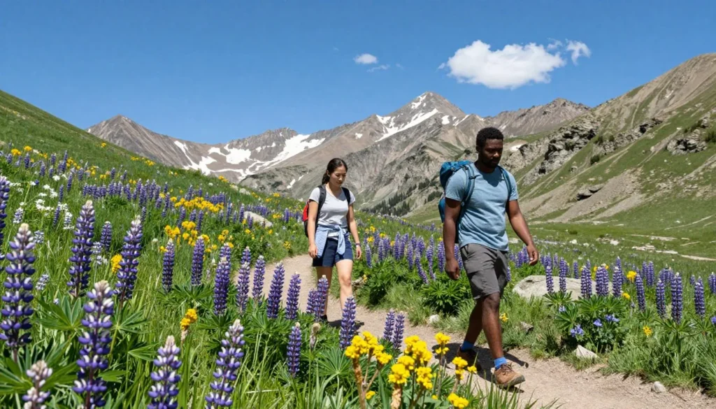 Mount Rose wildflower meadows in summer with hikers Mount Rose wildflower meadows in summer with hikers