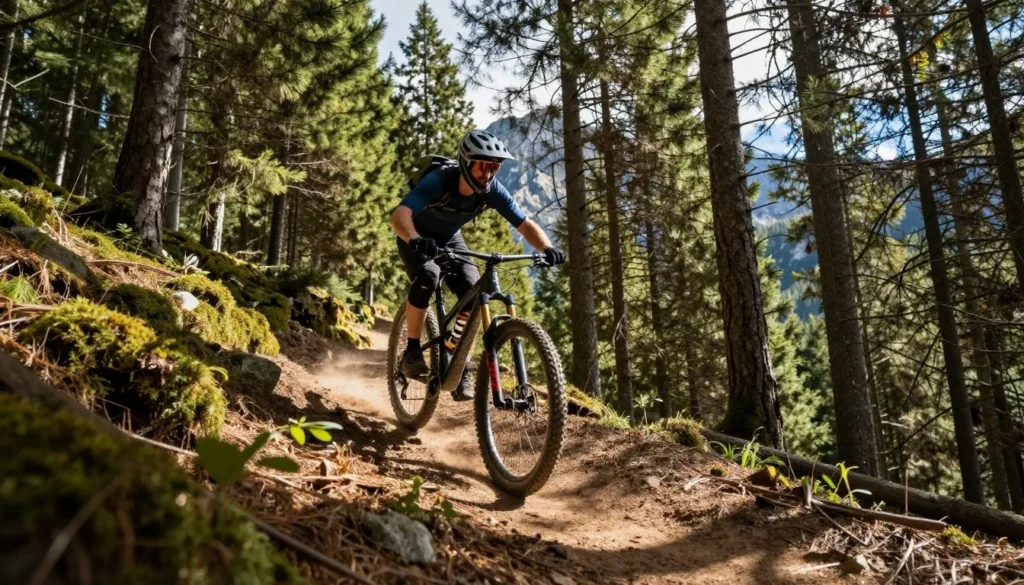 Mountain biker on forest trail with scenic mountain backdrop
