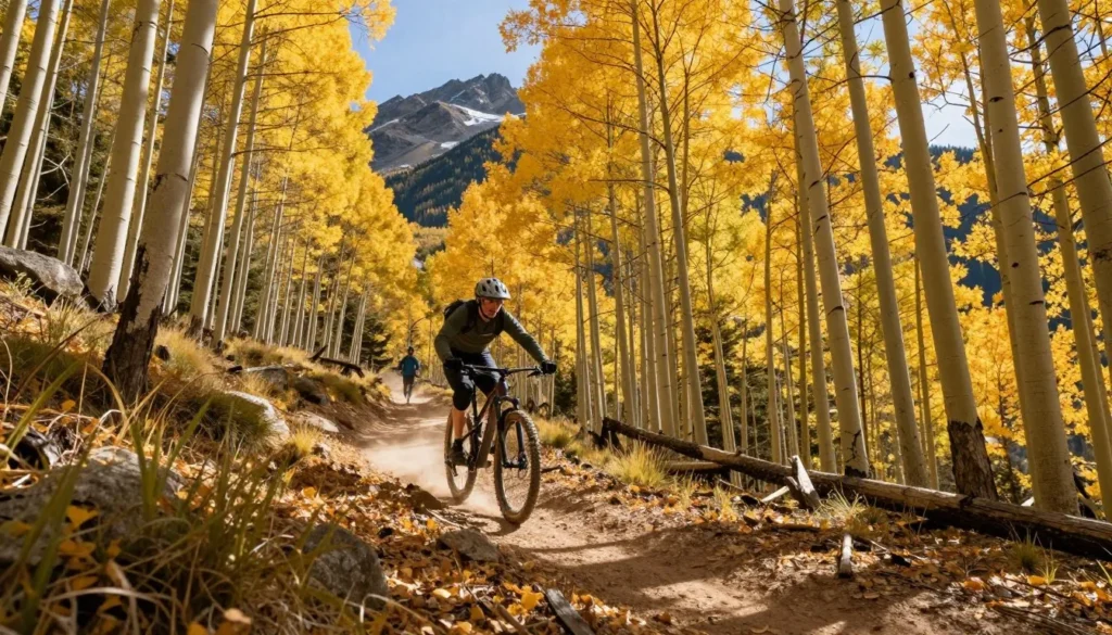 Mountain biker on trail through aspen forest near Rabbit Ears Pass Mountain biker on trail through aspen forest near Rabbit Ears Pass