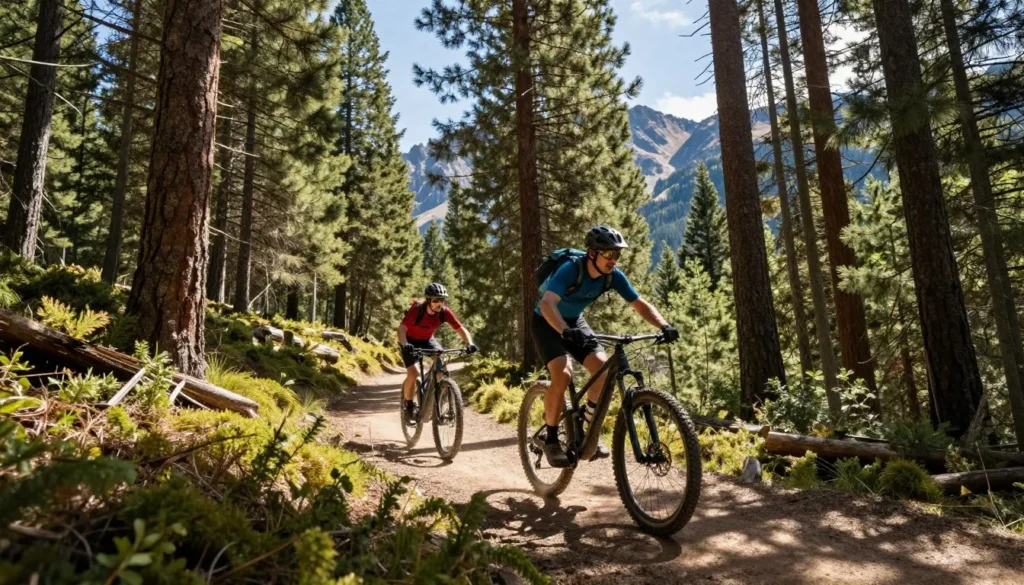 Mountain bikers on forest trail with pine trees and mountain views Mountain bikers on forest trail with pine trees and mountain views