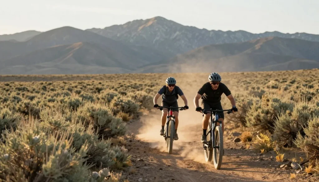 Mountain bikers on trail at River Fork Ranch with desert landscape
