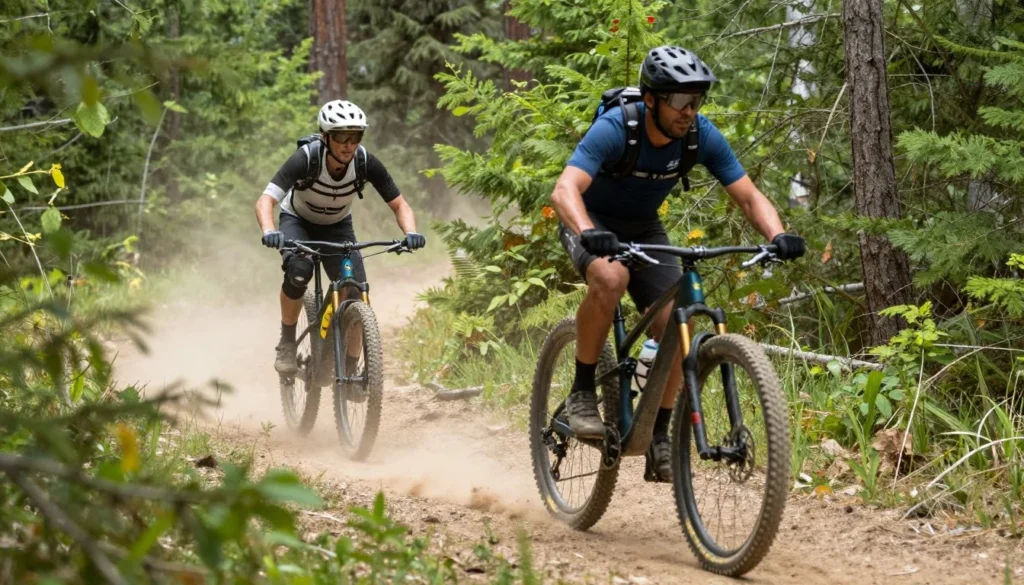 Mountain bikers riding forest trail with Bear River Range peaks visible