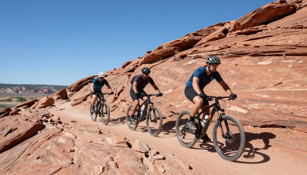 Mountain bikers riding trail at Lake Pueblo State Park Mountain bikers riding trail at Lake Pueblo State Park