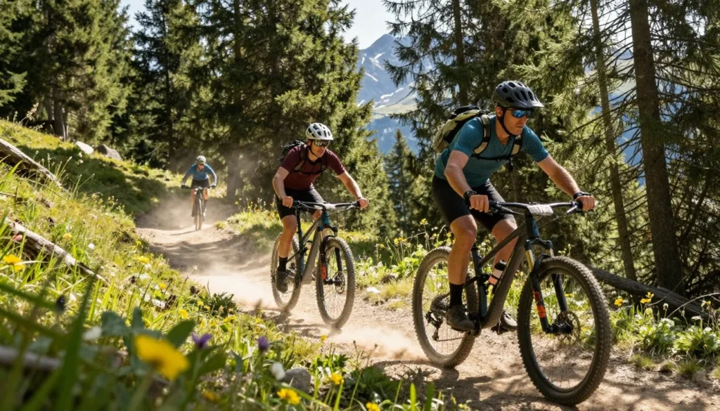 Mountain bikers riding trail through alpine forest on sunny summer day