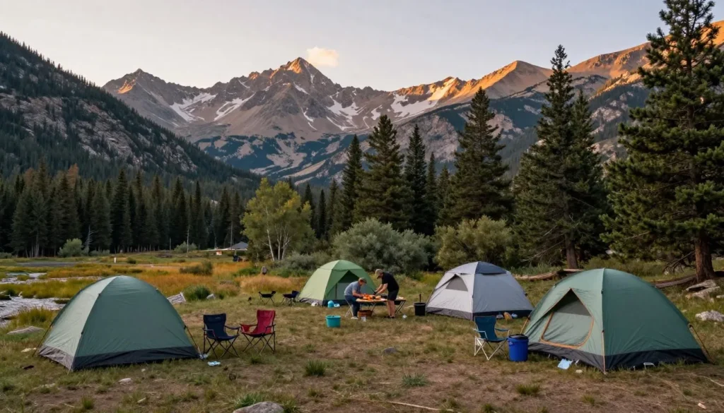 Mountain campground with tents among aspen trees and mountain views