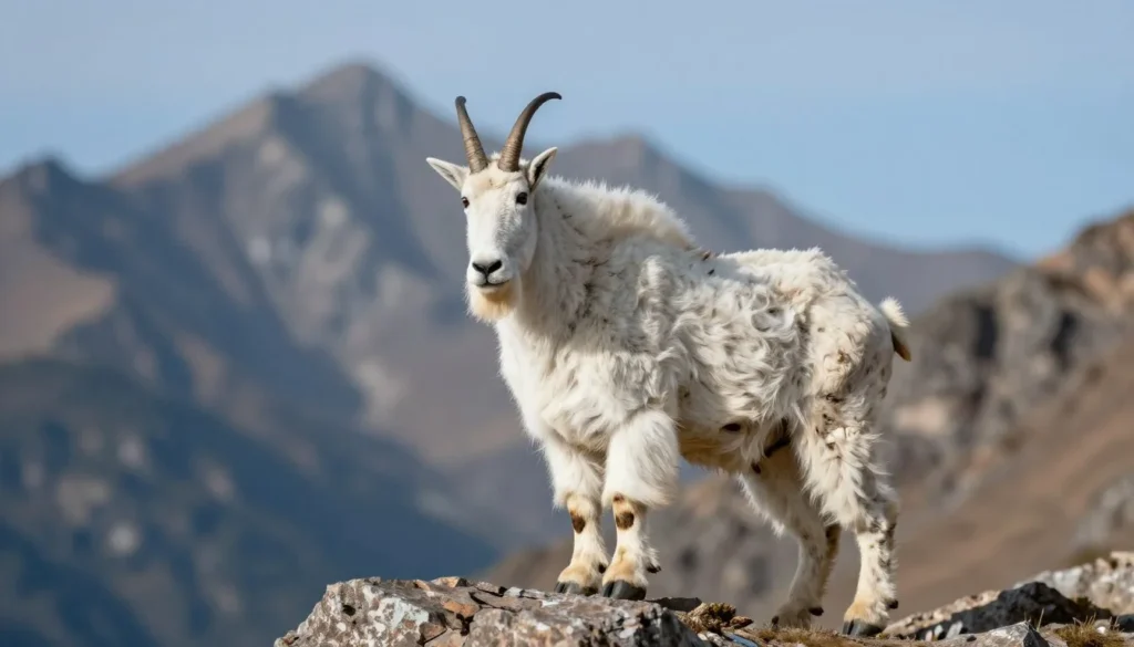 Mountain goat standing on rocky outcrop with mountain peaks in background Mountain goat standing on rocky outcrop with mountain peaks in background