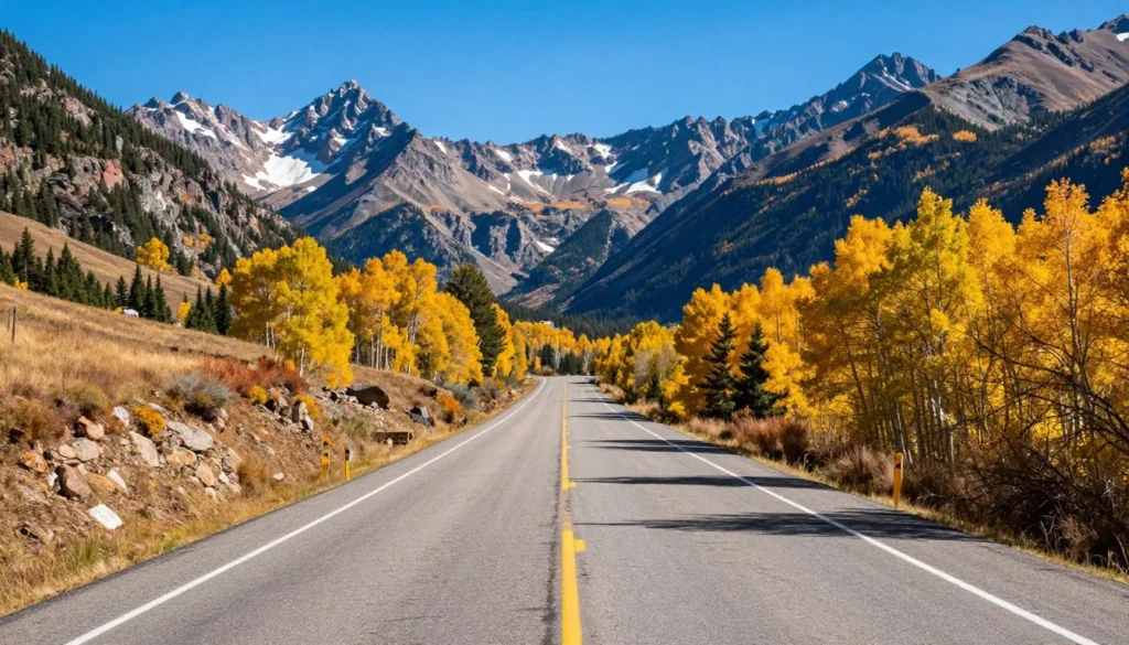 Mountain highway leading to Spinney Mountain Reservoir Colorado with scenic valley views Mountain highway leading to Spinney Mountain Reservoir Colorado with scenic valley views