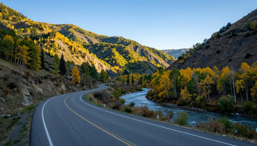 Mountain highway winding through Colorado valley with Crystal River and aspen forests