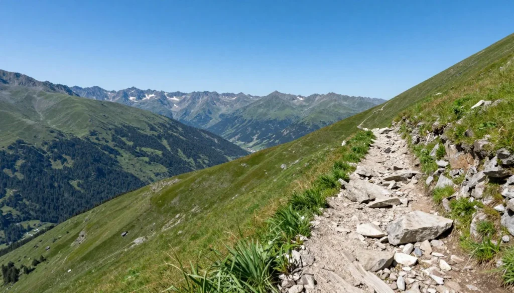 Mountain hiking trail with panoramic views of valleys and distant peaks Mountain hiking trail with panoramic views of valleys and distant peaks