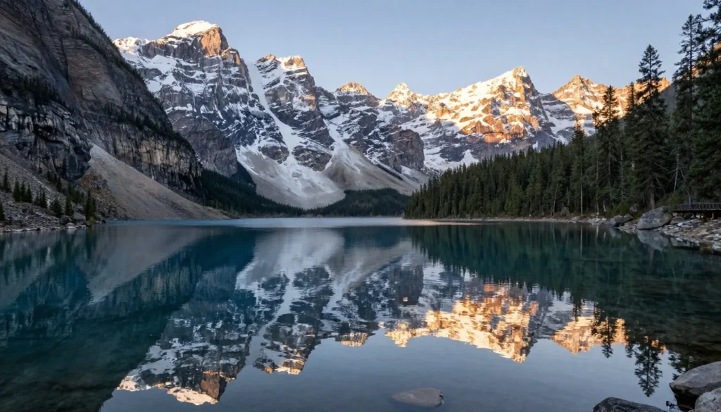 Mountain lake reflecting snow-capped peaks