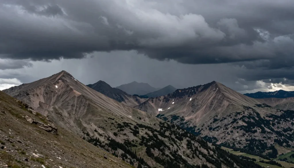 Mountain landscape showing changing weather with dramatic clouds over peaks