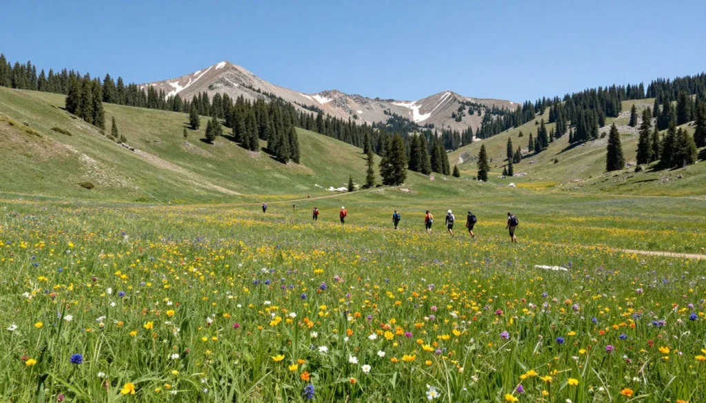 Mountain landscape vista with wildflower meadows and evergreen forests in High Uintas Wilderness Mountain landscape vista with wildflower meadows and evergreen forests in High Uintas Wilderness
