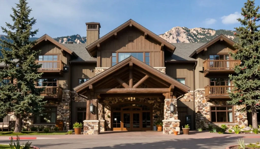Mountain lodge exterior near Lake Granby with welcoming entrance and Rocky Mountain setting Mountain lodge exterior near Lake Granby with welcoming entrance and Rocky Mountain setting