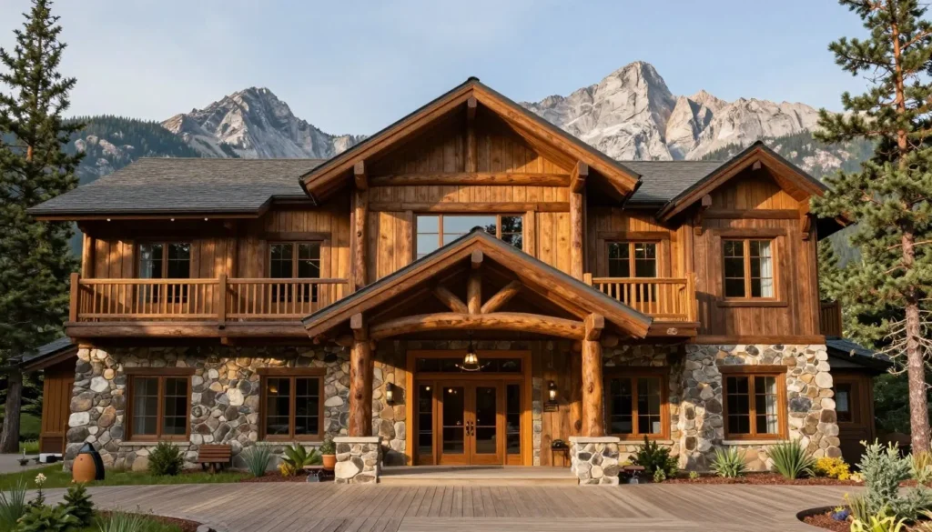 Mountain lodge exterior with pine trees and rocky peaks in background near Estes Park Colorado