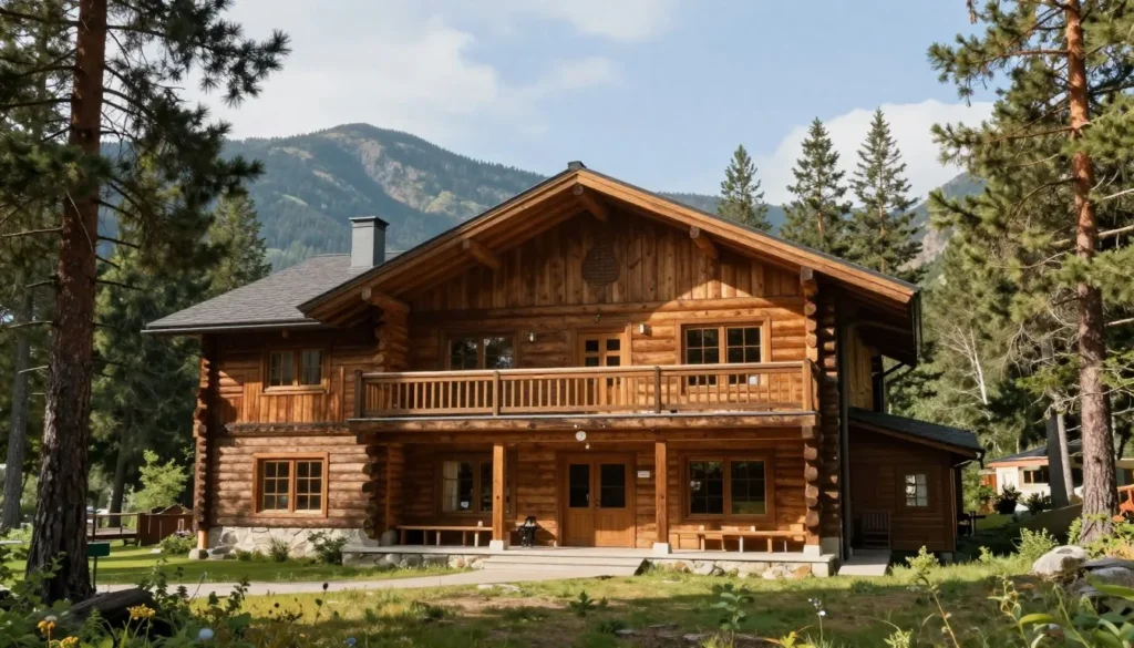 Mountain lodge style accommodation near Lake Tahoe surrounded by pine forest Mountain lodge style accommodation near Lake Tahoe surrounded by pine forest
