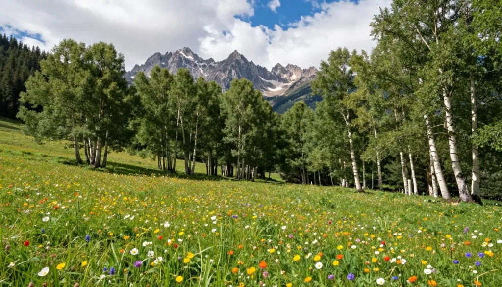 Mountain meadow with wildflowers and aspen groves with peaks in background