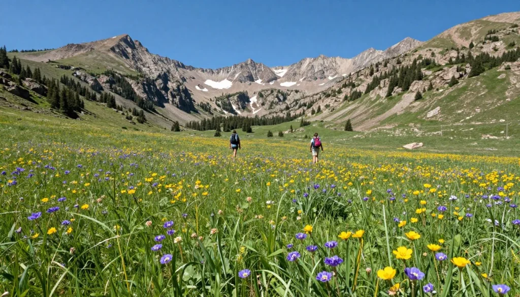 Mountain meadow with wildflowers and hikers in distance