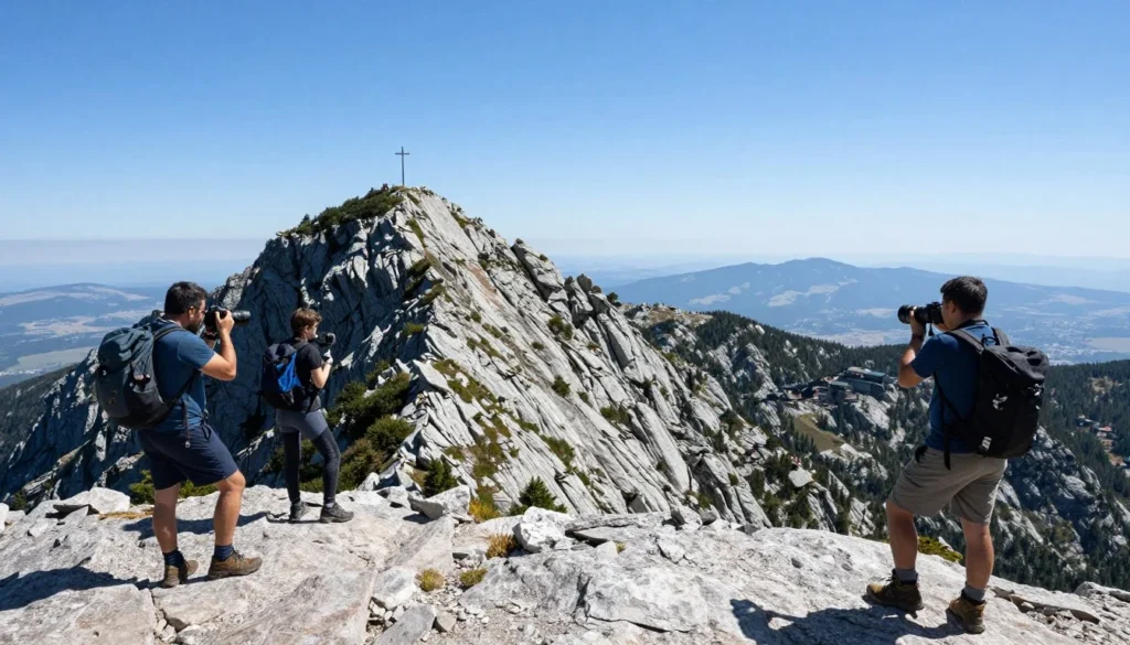Mountain notch viewpoint with hikers photographing cross formation on distant peak Mountain notch viewpoint with hikers photographing cross formation on distant peak