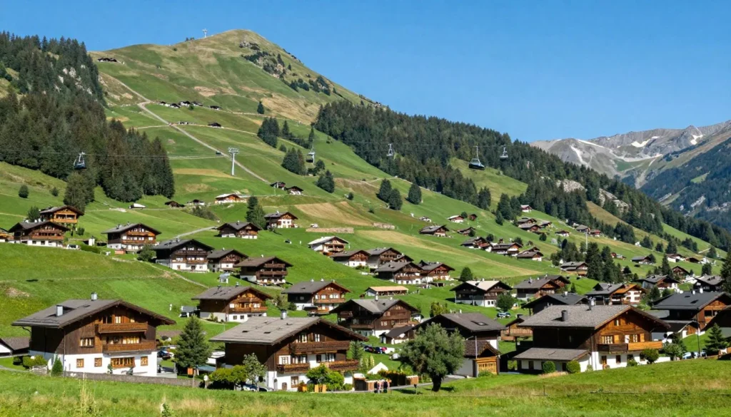 Mountain resort town view with ski slopes