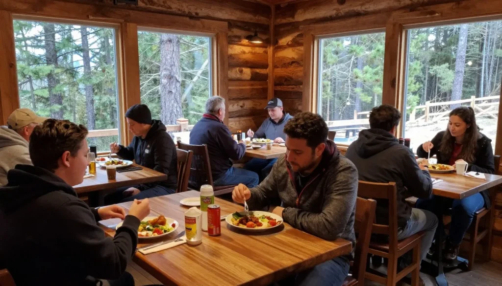 Mountain restaurant dining area with diverse diners enjoying meals with forest views Mountain restaurant dining area with diverse diners enjoying meals with forest views