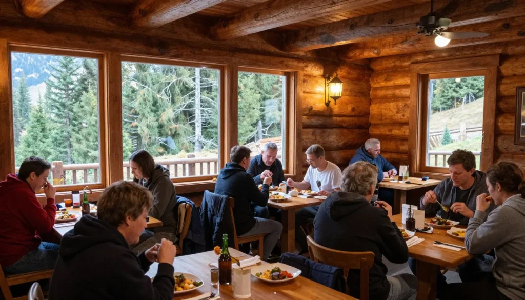 Mountain restaurant interior with diverse diners enjoying meals and mountain views