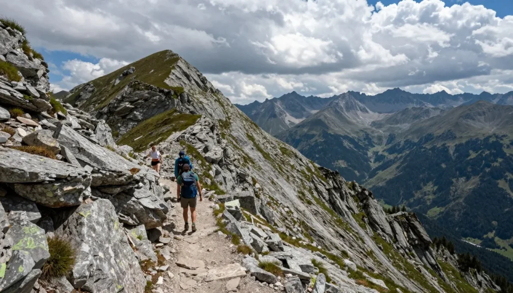Mountain ridge trail with hikers navigating rocky terrain and dramatic drop-offs Mountain ridge trail with hikers navigating rocky terrain and dramatic drop-offs
