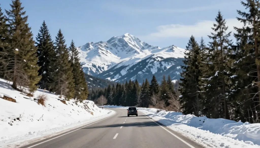 Mountain road near Eagle Point Resort Utah with vehicle driving through scenic winter landscape Mountain road near Eagle Point Resort Utah with vehicle driving through scenic winter landscape