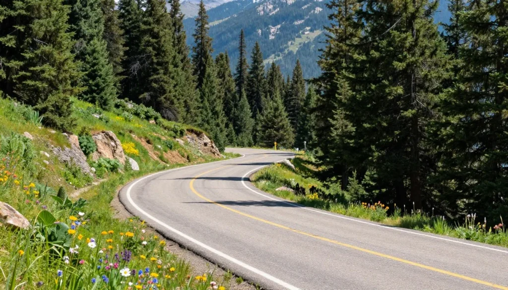 Mountain road through Routt National Forest leading to Pearl Lake area Mountain road through Routt National Forest leading to Pearl Lake area