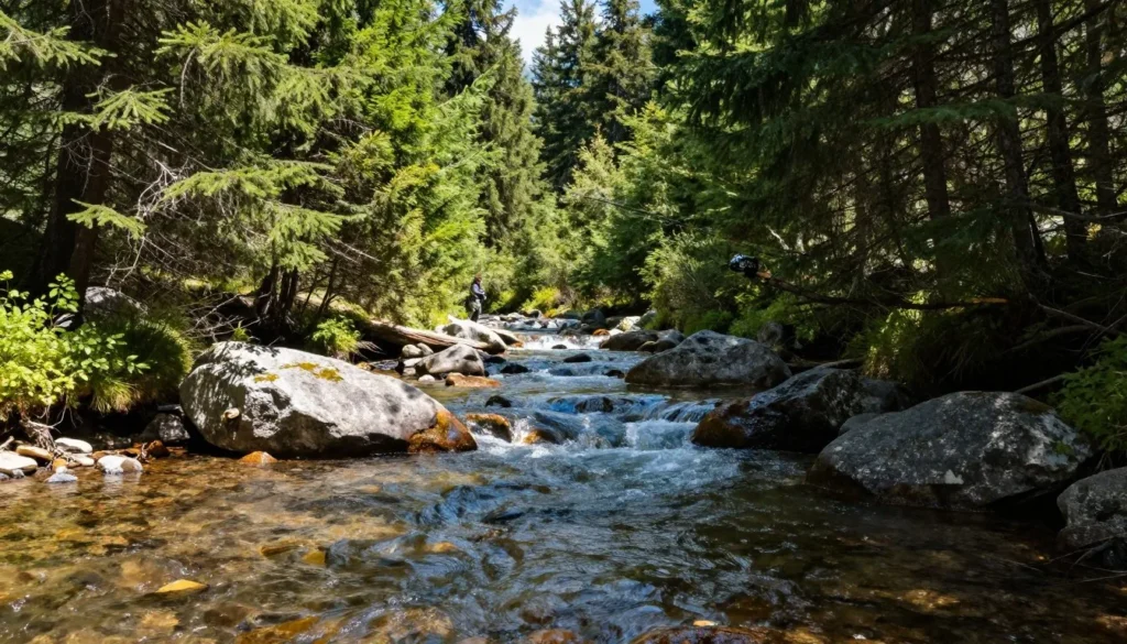 Mountain stream flowing through forest below Mount Harvard Mountain stream flowing through forest below Mount Harvard