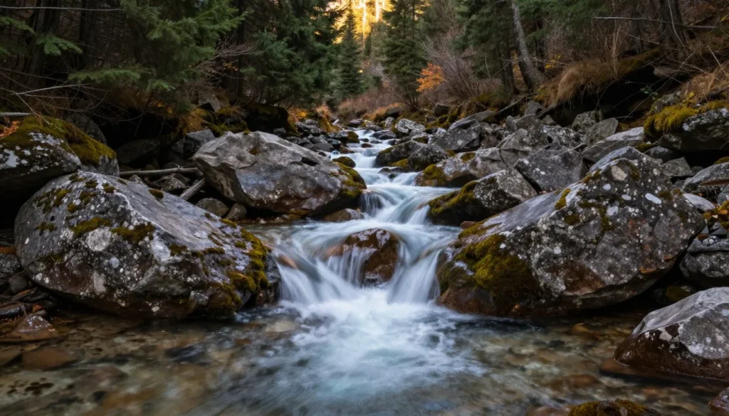 Mountain stream with cascading water through boulder-filled valley
