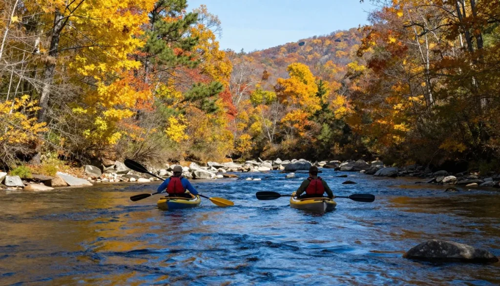 Mountain stream with kayakers in Tennessee wilderness
