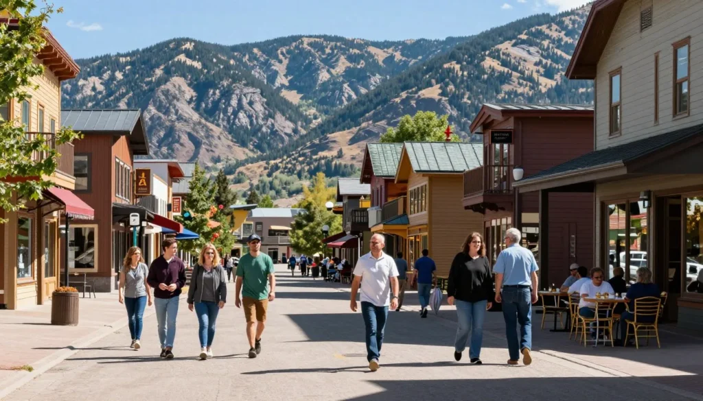 Mountain town main street with shops and pedestrians in Colorado