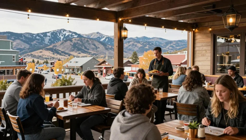 Mountain town restaurant outdoor dining with Colorado mountain views Mountain town restaurant outdoor dining with Colorado mountain views