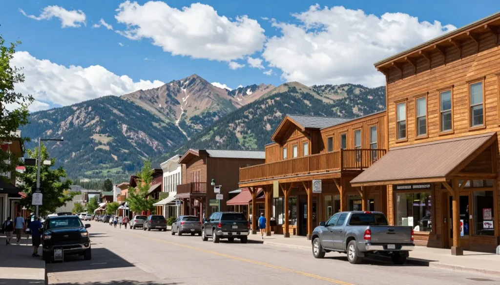 Mountain town street with shops and parked vehicles under sunny skies Mountain town street with shops and parked vehicles under sunny skies