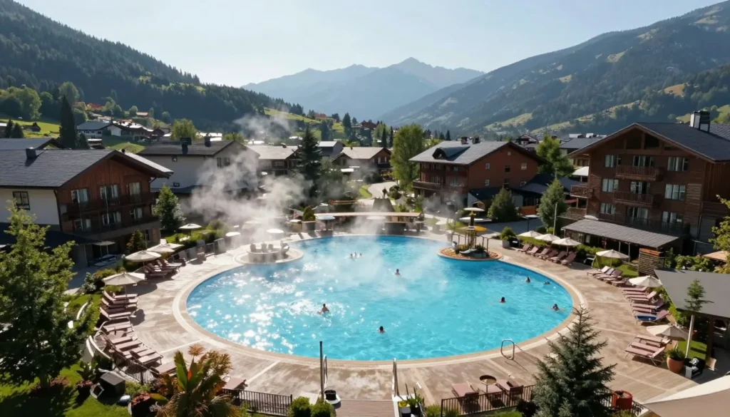Mountain town with developed outdoor pool facility and surrounding peaks