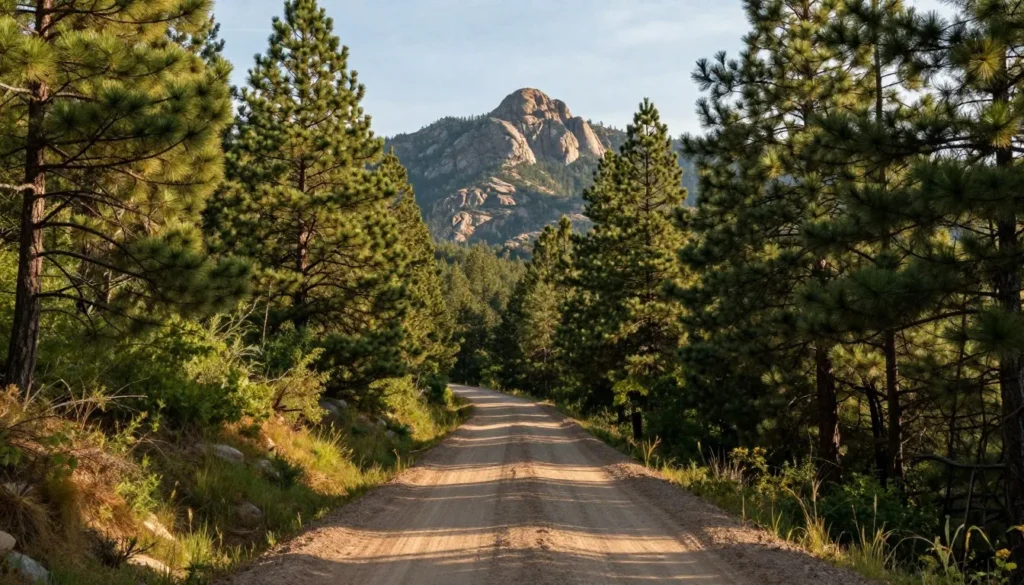 Mountain valley approach to Slaughterhouse Gulch with winding dirt road Mountain valley approach to Slaughterhouse Gulch with winding dirt road