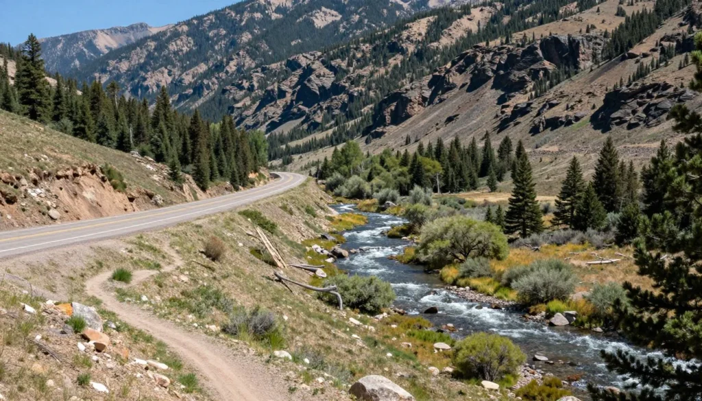 Mountain valley landscape showing Highway 133 corridor with river and hiking trails