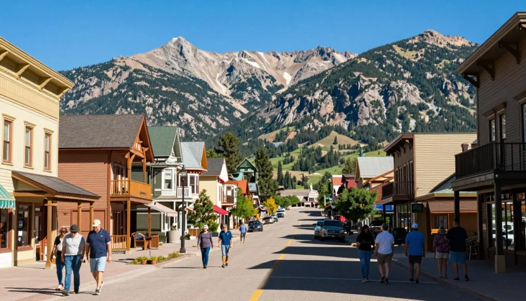 Mountain valley town in Colorado with Rocky Mountain peaks surrounding historic buildings