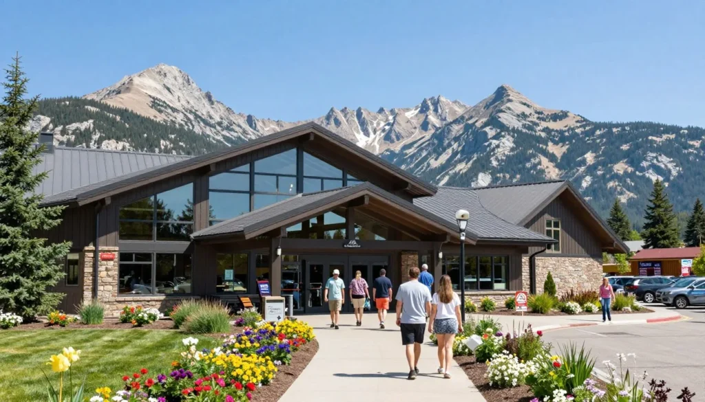 Mountain visitor center building with information displays and parking area