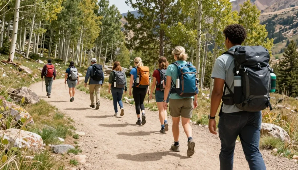 Mountain wilderness landscape showing proper trail etiquette with hikers Mountain wilderness landscape showing proper trail etiquette with hikers