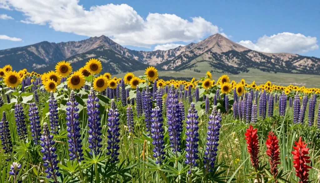 Mountain wildflower meadow with colorful blooms and peaks