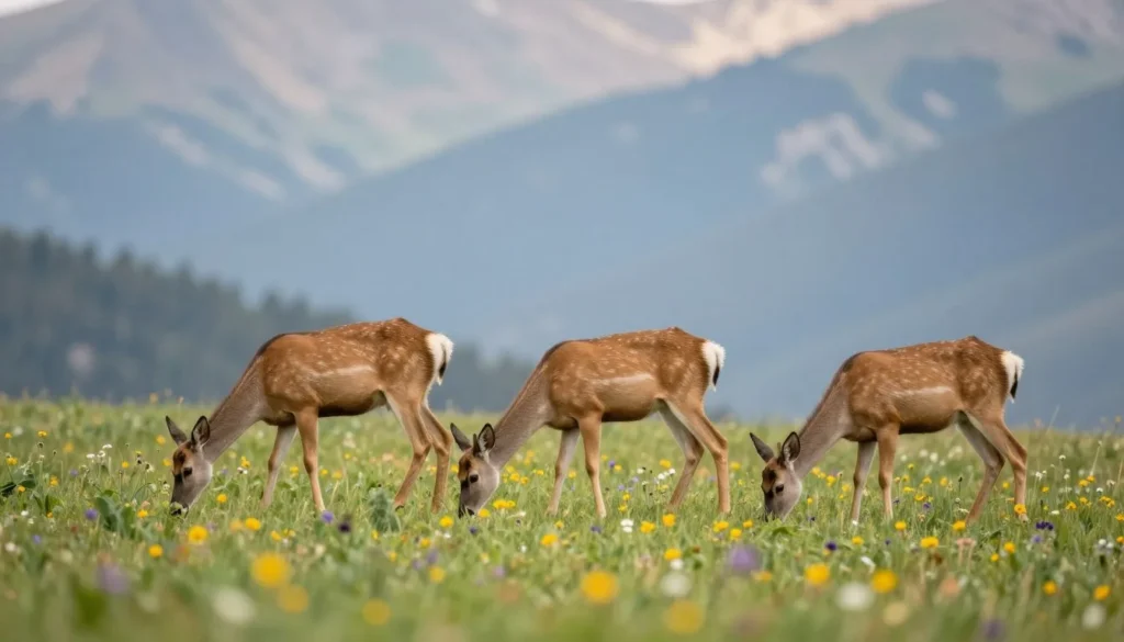 Mule deer grazing in mountain meadow with forest in background