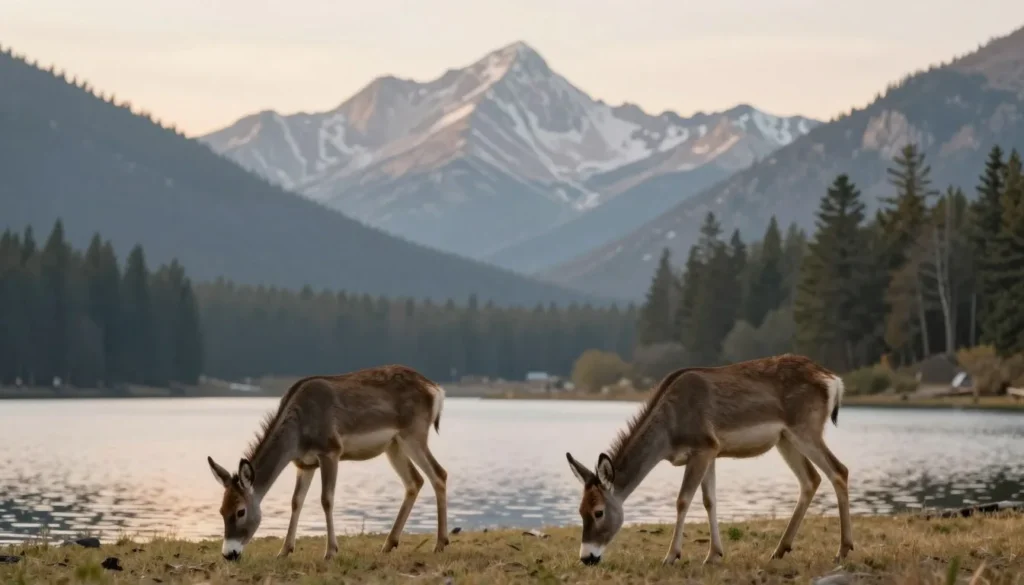 Mule deer grazing near Navajo Lake shoreline at sunrise Mule deer grazing near Navajo Lake shoreline at sunrise