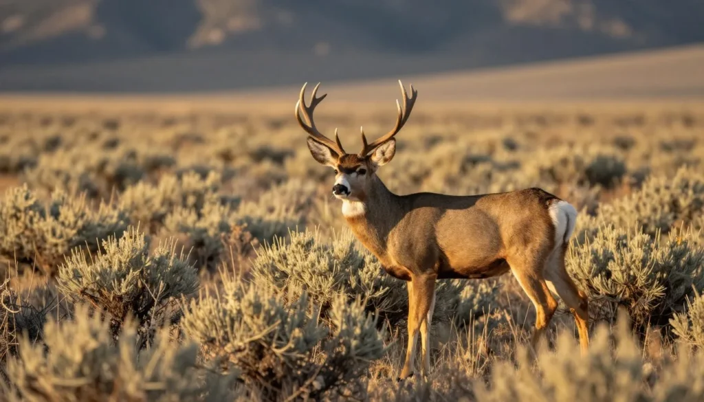 Mule deer in sagebrush habitat with mountain backdrop during golden hour lighting