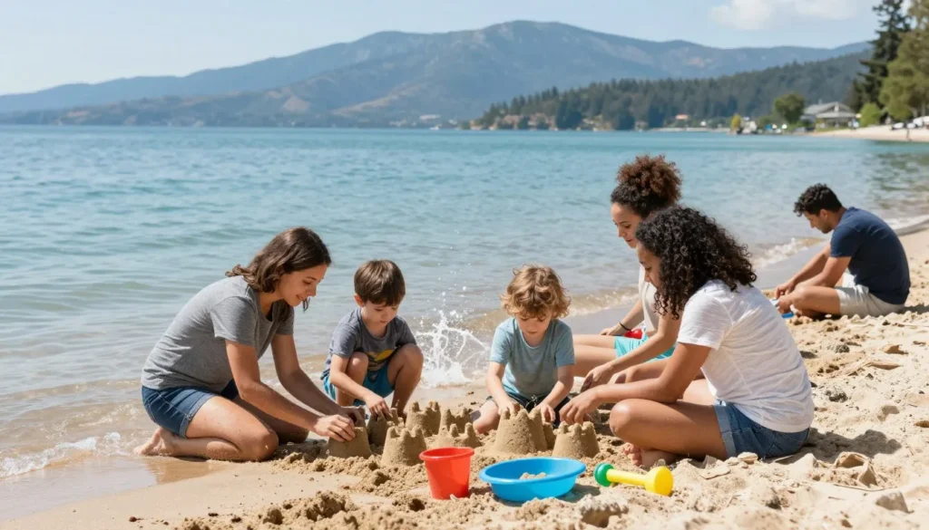 Multi-ethnic family playing on Bear Lake beach in Garden City Utah