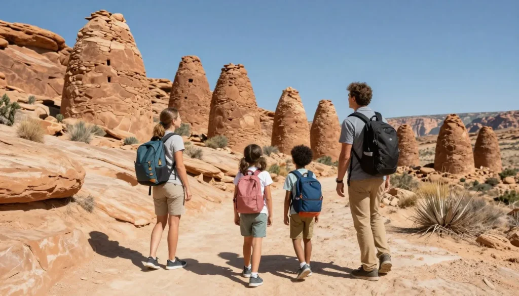 Multi-generational diverse family exploring Hovenweep trails together with ancient towers in background Multi-generational diverse family exploring Hovenweep trails together with ancient towers in background