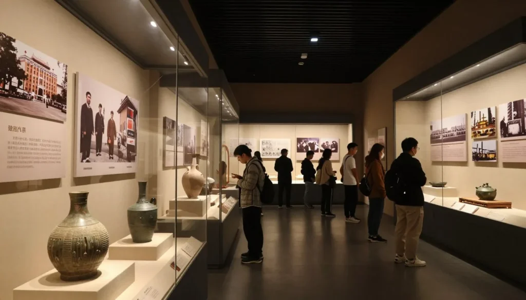 Museum exhibit displaying Chinese American historical artifacts and photographs Museum exhibit displaying Chinese American historical artifacts and photographs