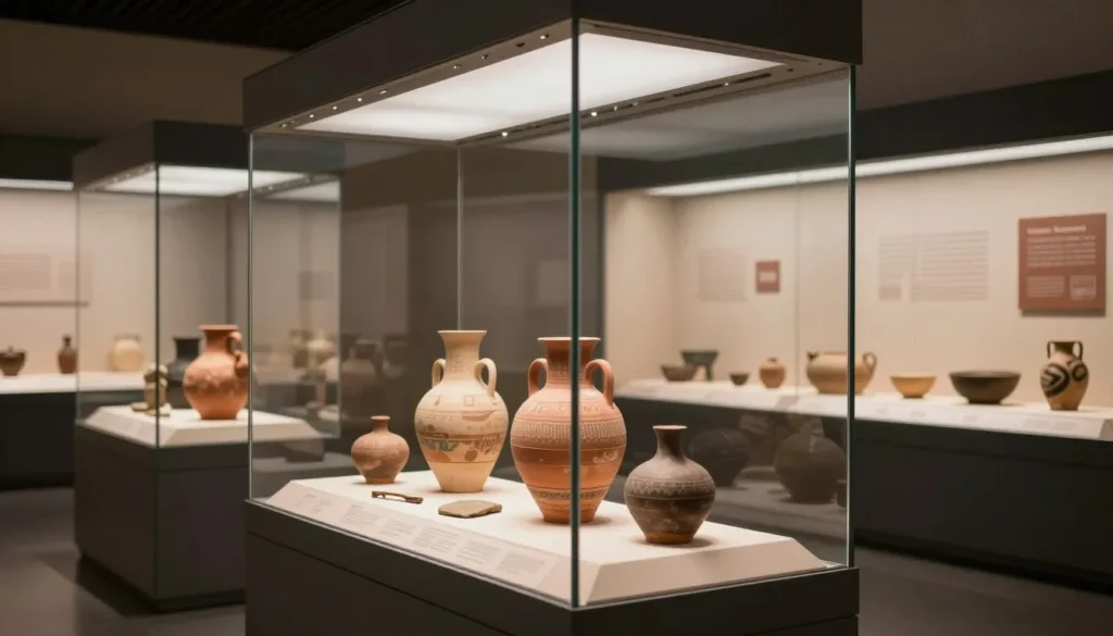 Museum exhibit displaying ancient pottery and artifacts with informational displays