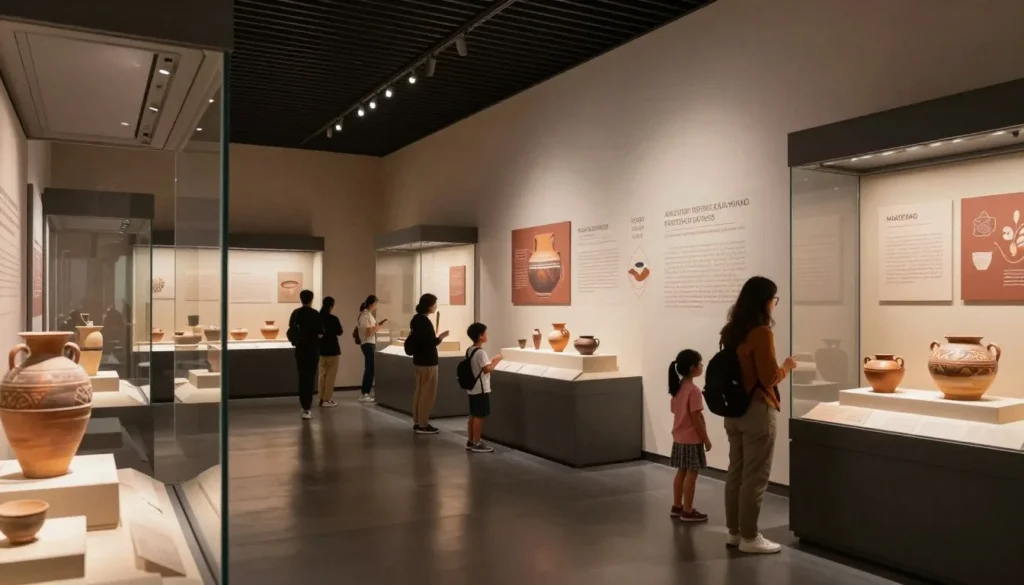 Museum exhibit featuring Ancestral Puebloan artifacts and pottery displays Museum exhibit featuring Ancestral Puebloan artifacts and pottery displays
